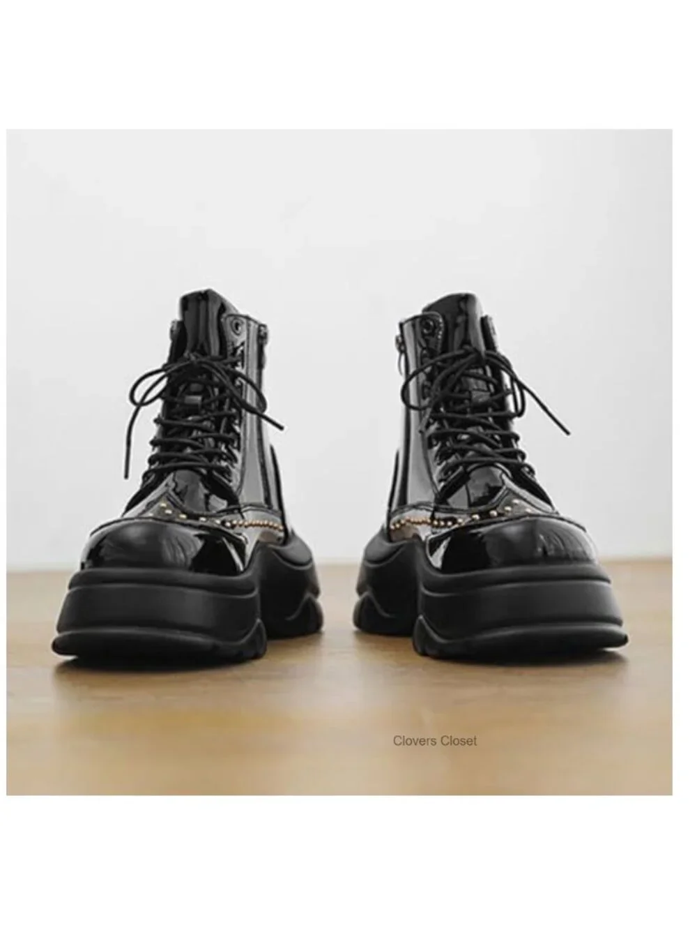 Patent Leather Rivet Platform Motorcycle Boots Side Zipper Goth Combat Ankle
